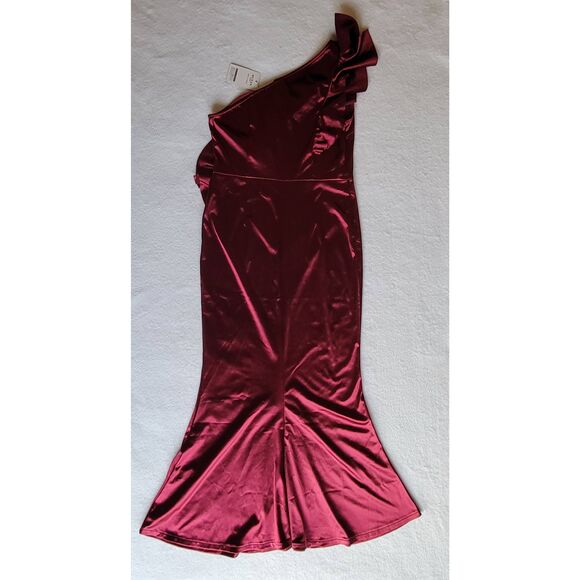 One-Shoulder Ruffle Trim Formal Long Sheath Evening Dress Wine Size XL - Picture 3 of 10